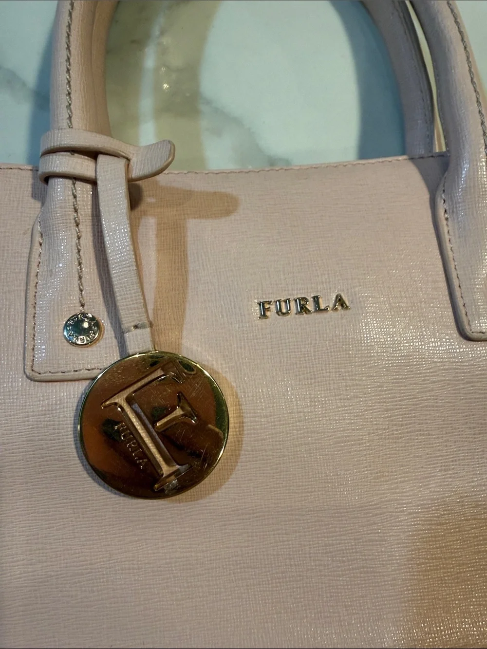 Furla Blush Pink Leather Satchel with Gold Charm